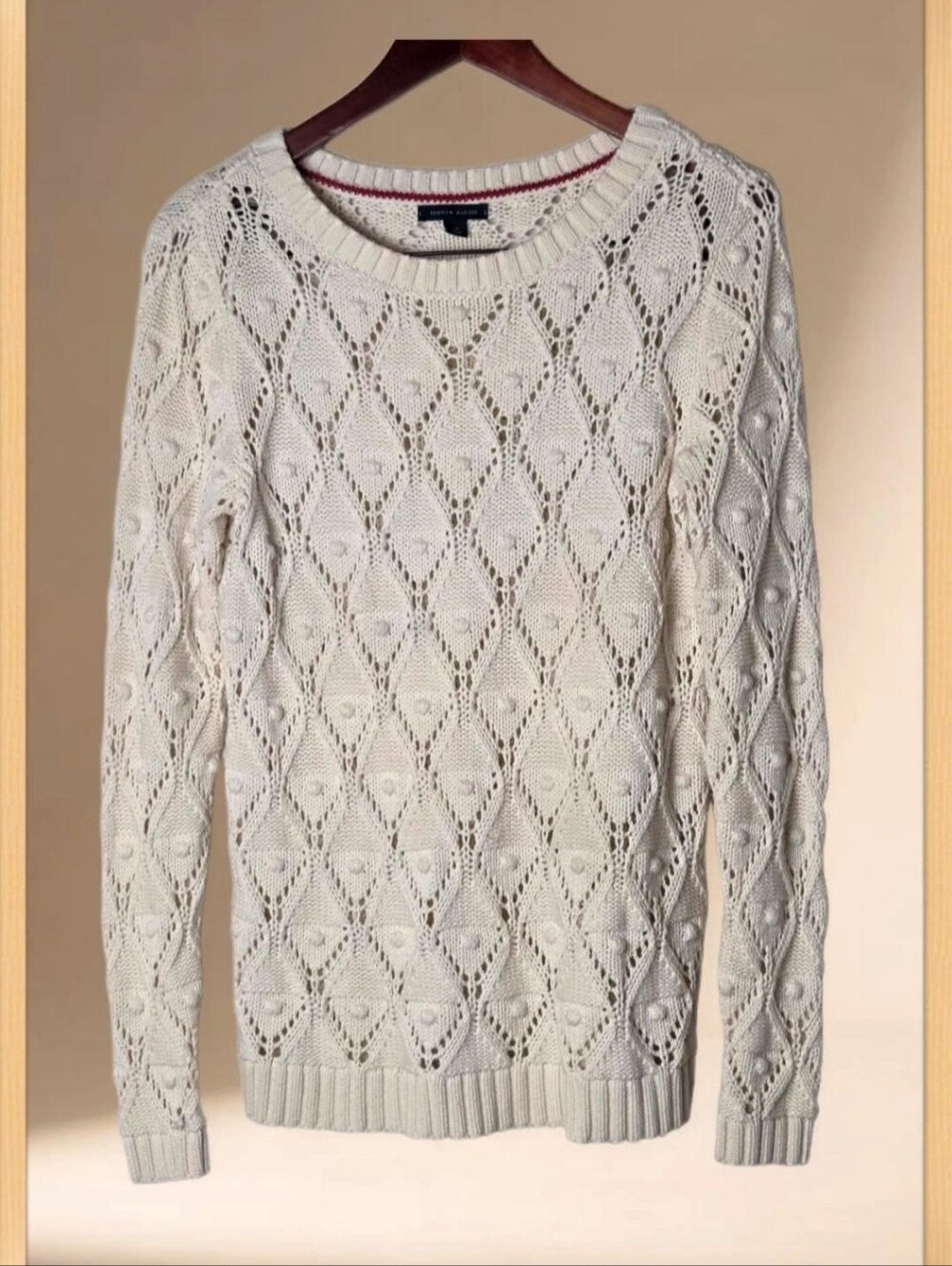 Tommy Hilfiger Cream Open Knit Sweater Textured Bobble Pattern